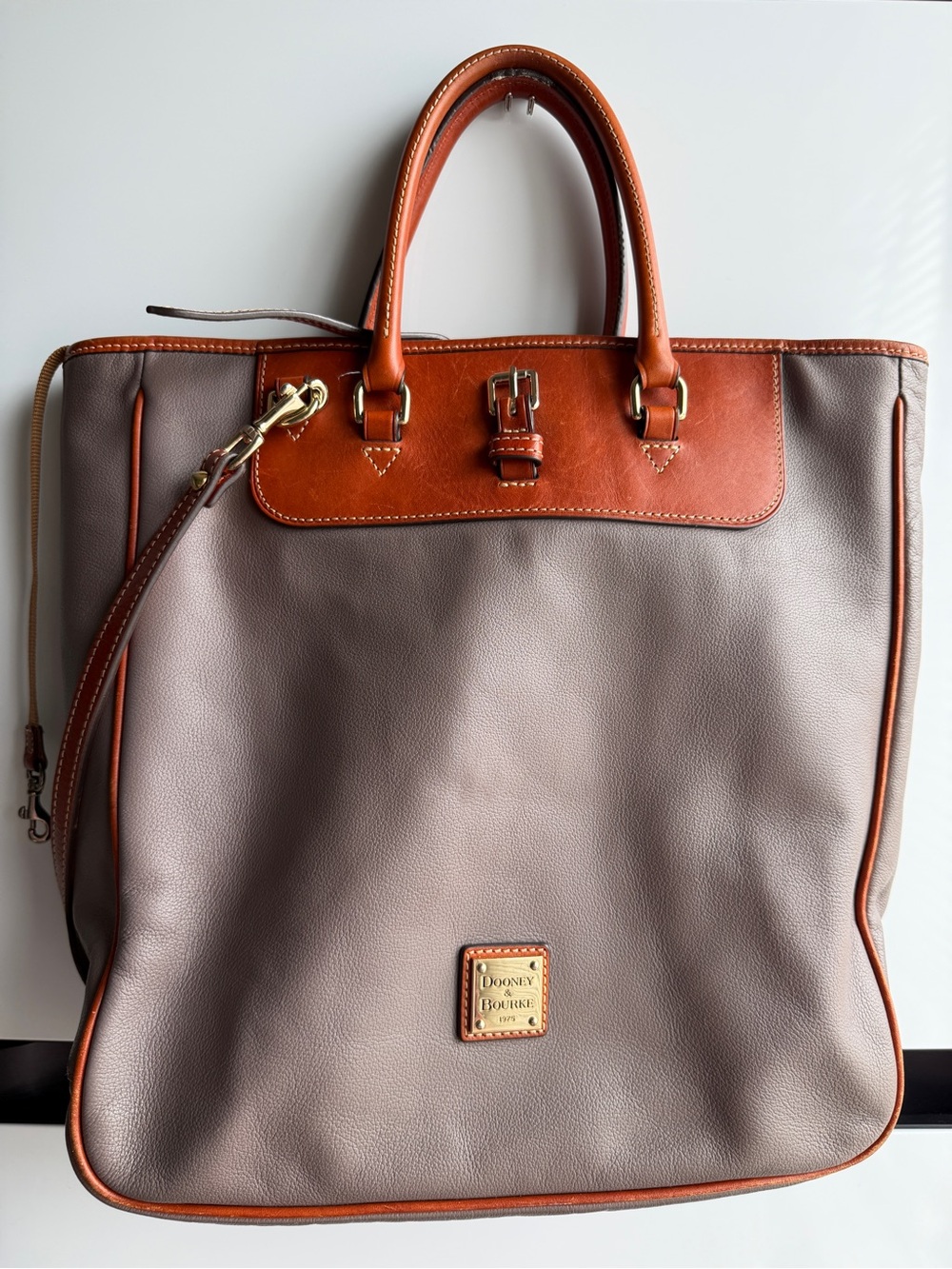 Dooney & Bourke Taupe Leather Tote with Tan Trim and Handles